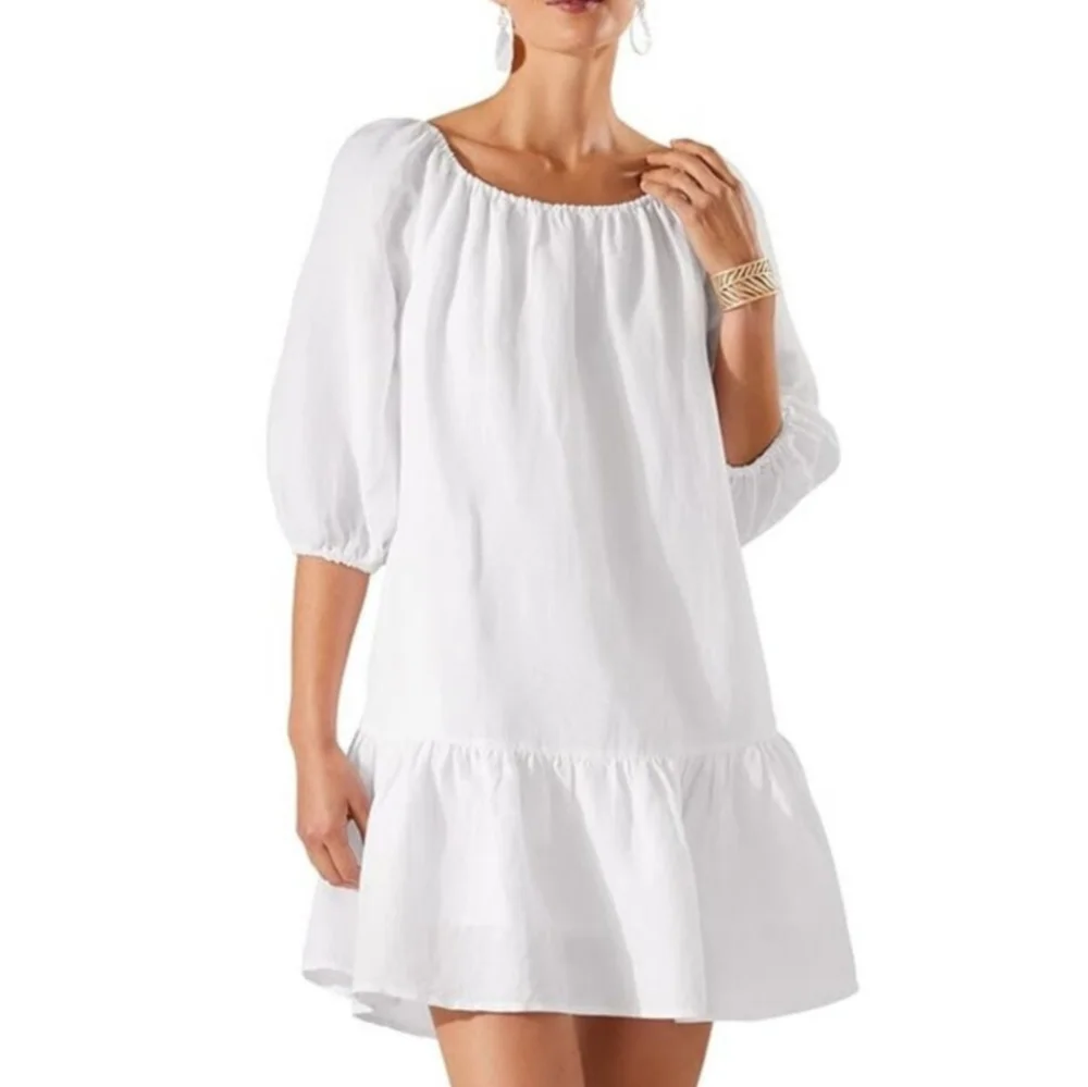 Tommy Bahama White Linen Dress Preppy Beach Puff Sleeve‎ Coastal